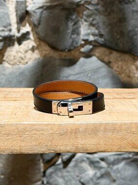 Hermès Black Leather Kelly Double Tour PHW Bracelet